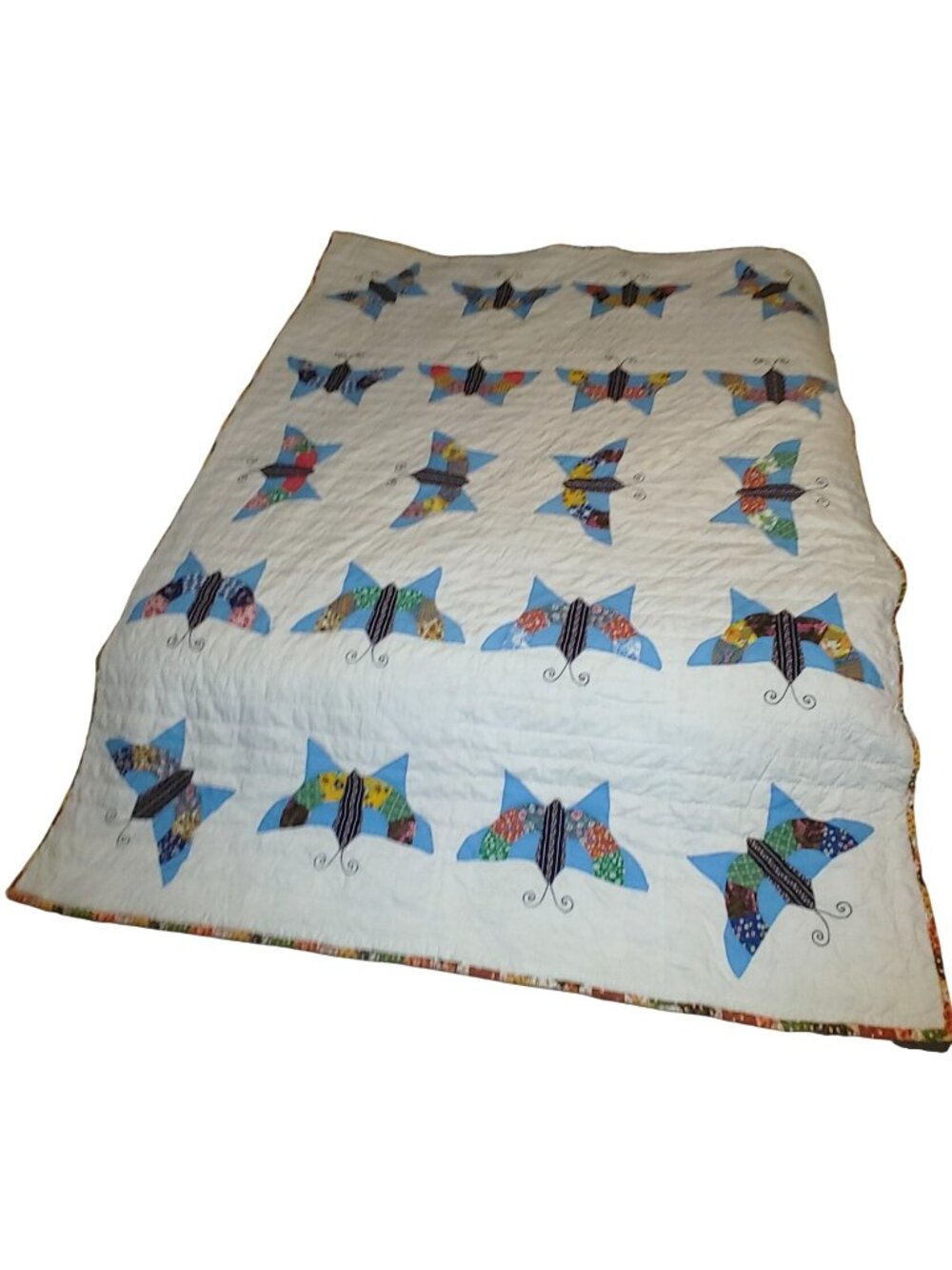 1970s Butterfly Quilt Vintage Handmade Multi Color Patchwork Appliqué 80 by 64